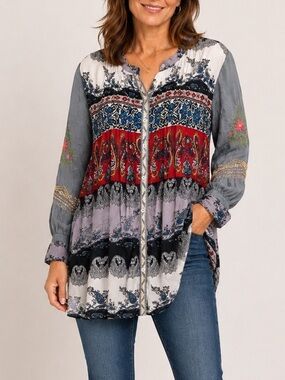 All About Her Embroidered Long Sleeve Button Down Tunic Size M Gray Floral Boho
